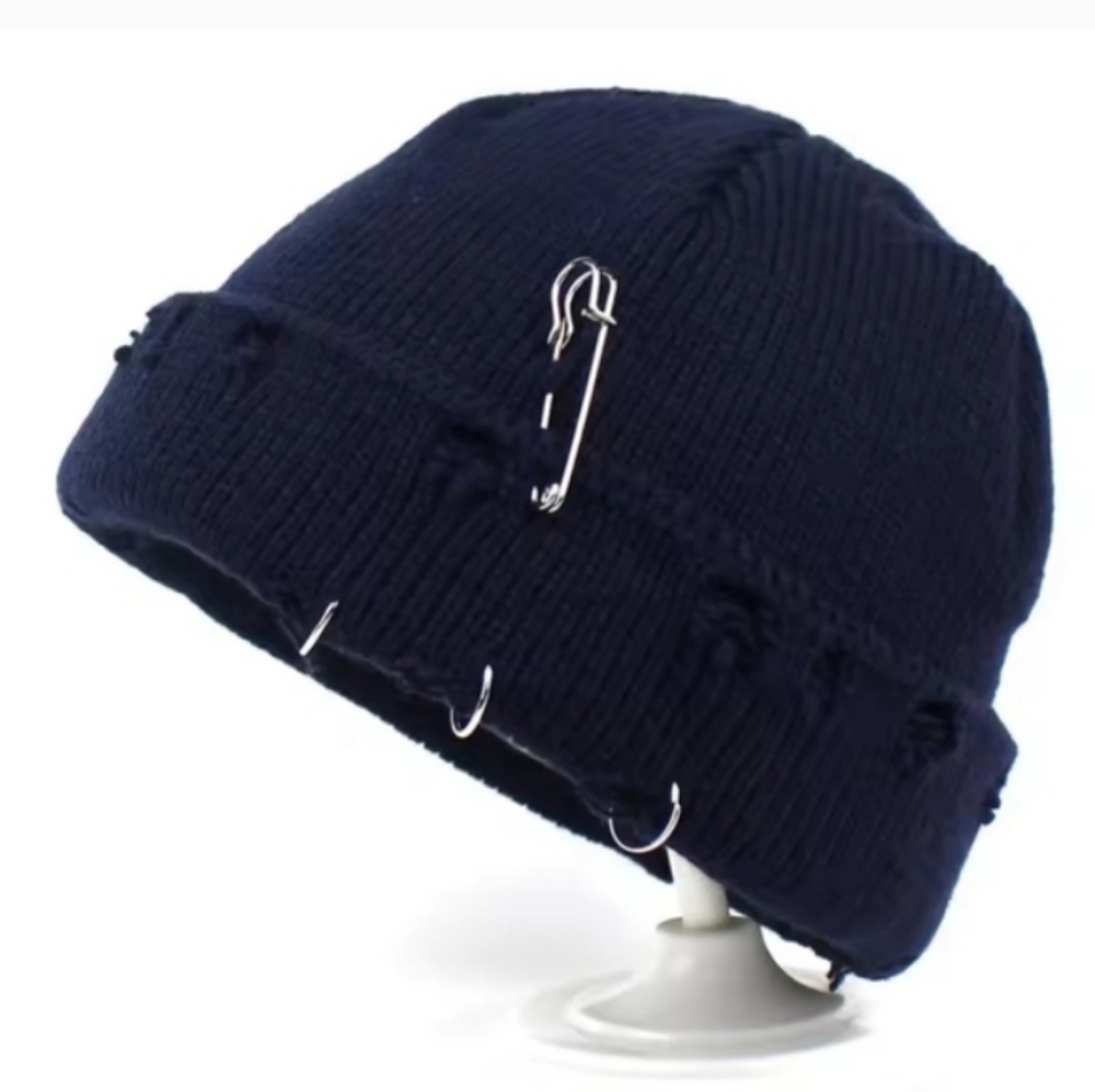 Stylish Navy Blue Youth Beanie with Safety Pin Accents